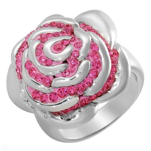 PINK SWAROVSKI CRYSTAL ROSE RING S/SILVER-sz9